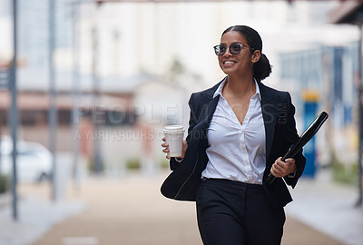 Buy stock photo Business, woman and commute in city with coffee in morning on street to law firm office. Consultant, attorney and happy journey on sidewalk at court building with espresso, latte and excited energy