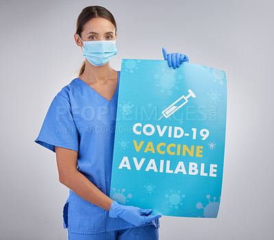 Buy stock photo Healthcare, help and nurse with poster, vaccine and mockup in studio, woman and information with mask. White background, portrait and medical professional with cardboard for advice and person