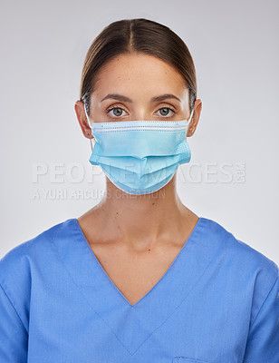 Buy stock photo Mask, nurse and woman with portrait, studio and safety with wellness and career for healthcare. White background, medical and person with help, professional and healthy in clinic, employee and expert