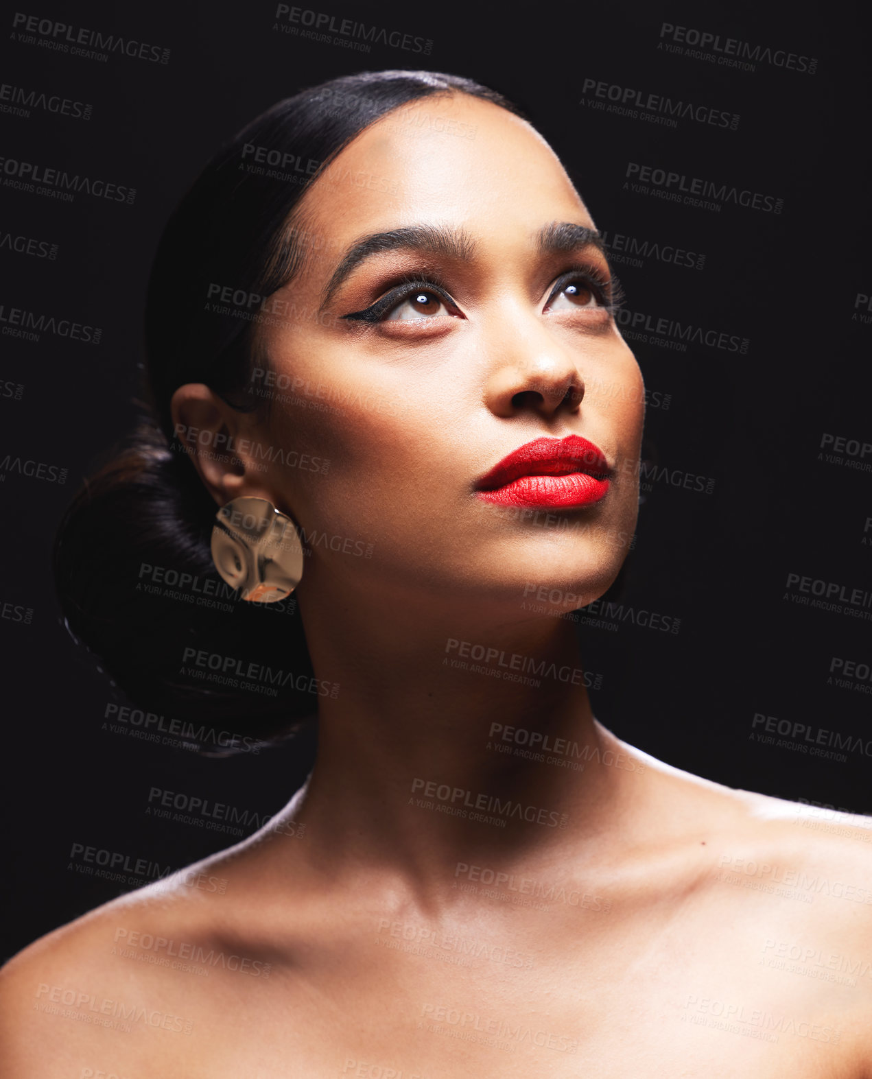 Buy stock photo Woman, thinking and makeup for beauty in studio on dark background with hairstyle, glow skin and earring. Female person, confidence and satisfied with fresh, elegant and cosmetics for fashion