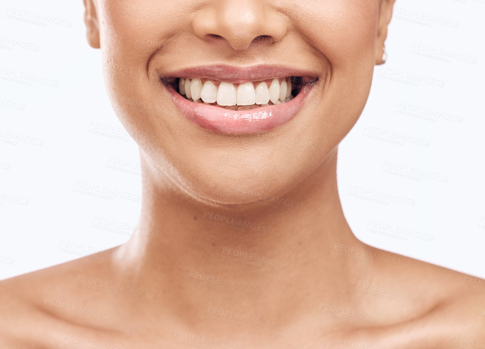 Buy stock photo Mouth, teeth and smile for dental care or oral hygiene of person in studio isolated on white background. Cleaning, dentist or wellness and happy model satisfied with tooth whitening results closeup