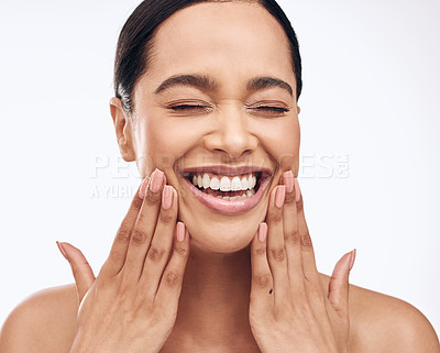 Buy stock photo Girl, studio and smile for skincare glow for morning routine facial or skin treatment with natural, organic and cosmetics. Woman, excited and isolated on white background with dermatology and beauty