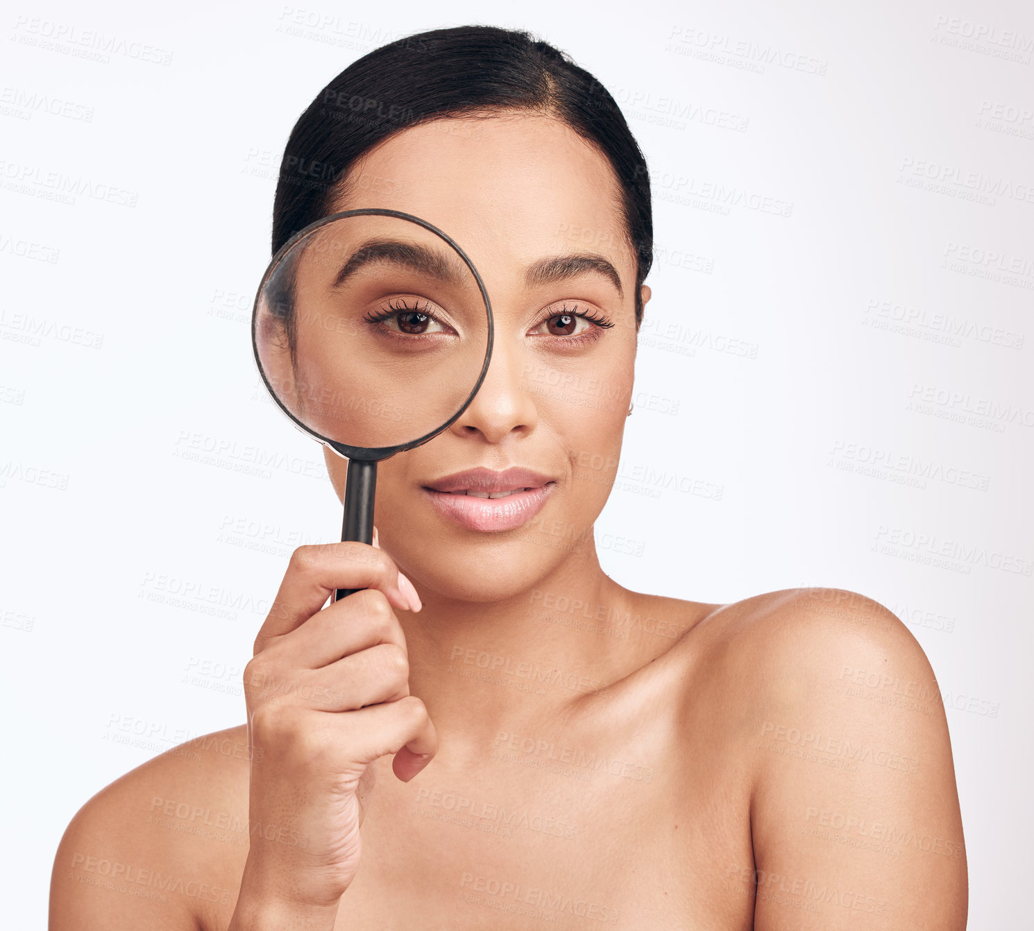 Buy stock photo Magnifying glass, portrait and skincare with natural woman in studio isolated on white background. Beauty, cosmetics or investigation and happy model satisfied with dermatology or wellness routine