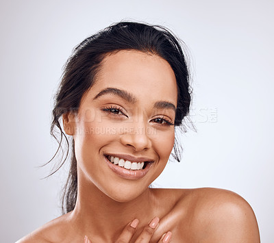 Buy stock photo Beauty, makeup and portrait of woman isolated on a white background for happy skincare, cosmetics and glow or shine. Face of young studio model or person from Brazil in natural makeup or dermatology