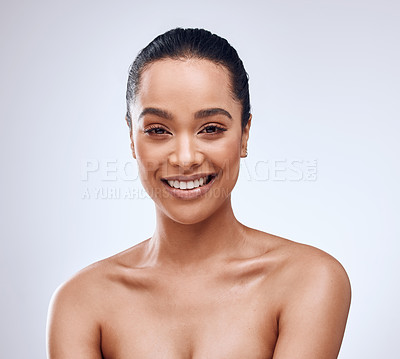 Buy stock photo Studio, skincare and woman in portrait with smile, cosmetics and collagen treatment on white background. Dermatology, happiness and wellness with natural, clear skin for beauty or satisfaction