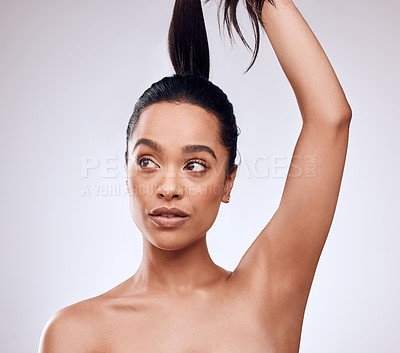 Buy stock photo Thinking, hair care and woman in studio with cosmetics, keratin treatment and growth on white background. Extensions, female person and conditioner with hairstyle for grooming, cleanliness or routine