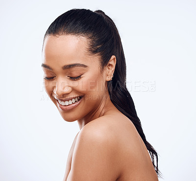 Buy stock photo Beauty, smile and woman with skincare in studio for facial glow and wellness. Skin health, dermatology and happy female person with collagen cosmetics for results and isolated by white background