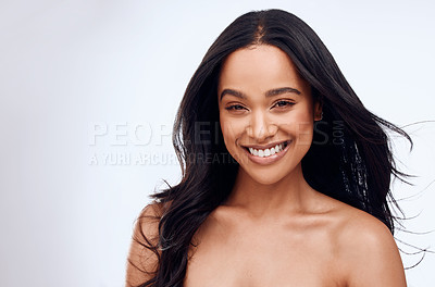 Buy stock photo Haircare, portrait and happy woman in studio for keratin treatment, shampoo or cosmetics on white background. Hairstyle, beauty and model with texture for satisfaction, growth or collagen shine