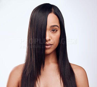 Buy stock photo Hair care, portrait and woman in studio for keratin treatment, shampoo or cosmetics on white background. Hairstyle, beauty and female model with texture for satisfaction, growth or collagen shine