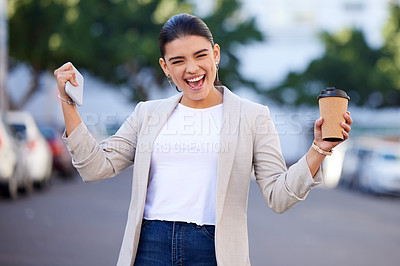 Buy stock photo Portrait, business and woman with a smile, celebration and winning with victory, excited and employee. Face, female person and entrepreneur in a city, success and happiness with energy and motivation