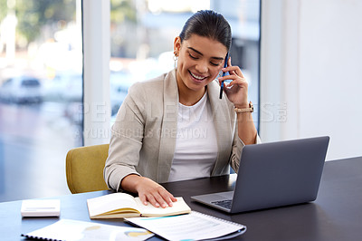 Buy stock photo Phone call, discussion and business woman in office for conversation, communication or planning agenda. Notebook, laptop and consultant taking on smartphone for networking, appointment or schedule