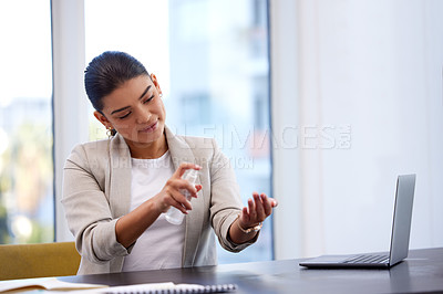 Buy stock photo Business, office and woman with sanitiser for hands, hygiene and liquid for prevention, laptop and safety for flu season. Person, employee and consultant with pc, remove bacteria and cleaning palms