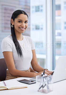 Buy stock photo Laptop, smile and portrait of business woman in office for planning, project proposal and entrepreneur. Happy, technology and internet with employee typing at desk for networking, website and email