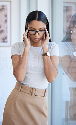 Buy stock photo Business woman, headache and stress with fatigue and burnout, work crisis and person with pain in workplace. Female professional with migraine, depression and anxiety with mental health and problem