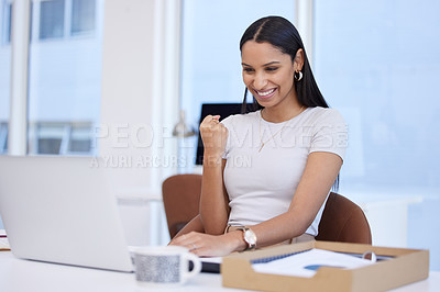 Buy stock photo Achievement, laptop and business woman winner happy for a proposal in a startup company office with success. Promotion, deal and professional employee excited and celebrate a successful project