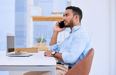 Buy stock photo Phone call, entrepreneur and businessman talking to a contact, networking and mobile communication in an office. Corporate, employee and man or professional in conversation using a smartphone