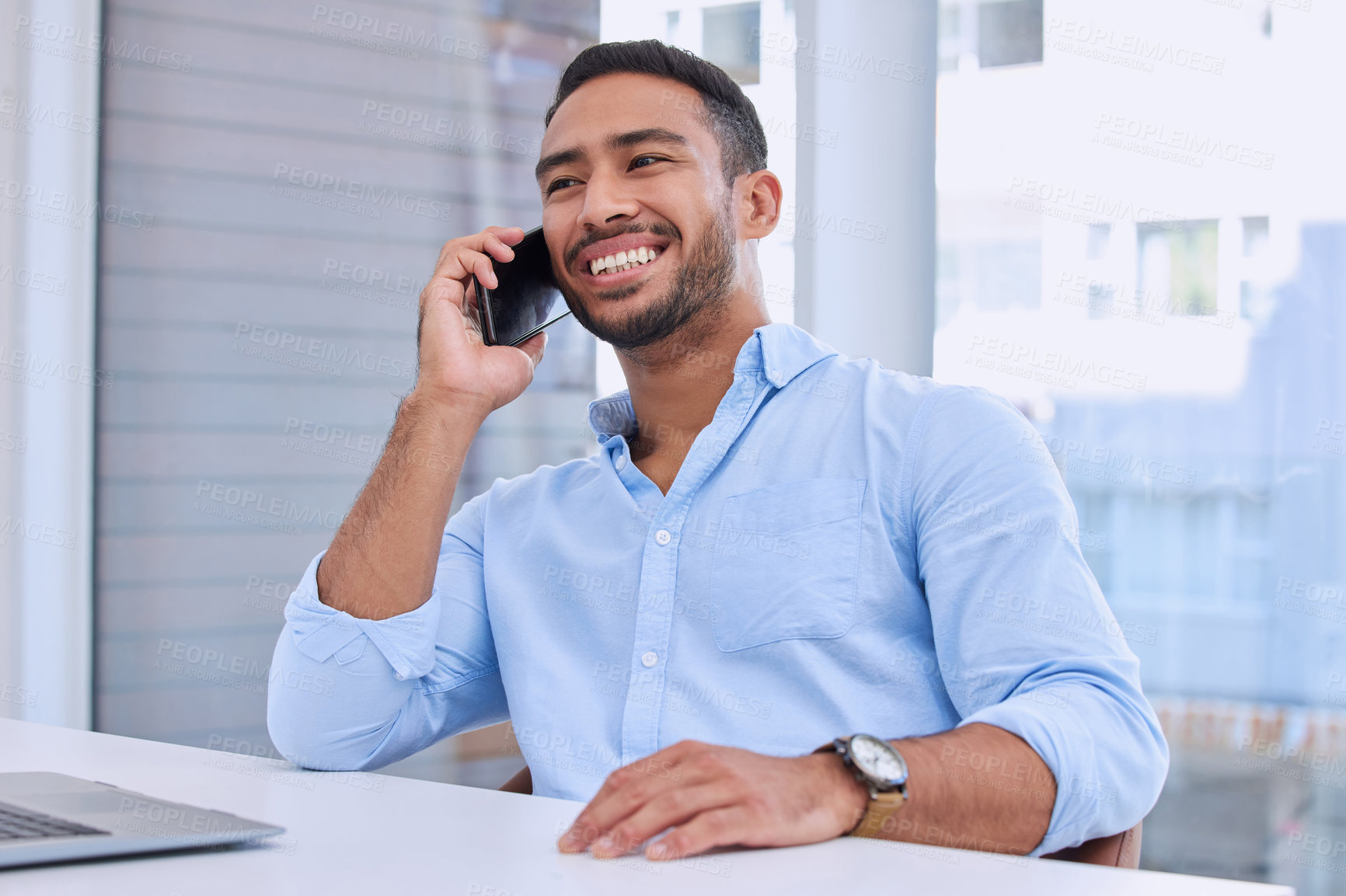 Buy stock photo Business man, phone call and networking in the office with smile from corporate consultation. Auditor, male employee and online consulting of a financial worker talking at a desk with confidence