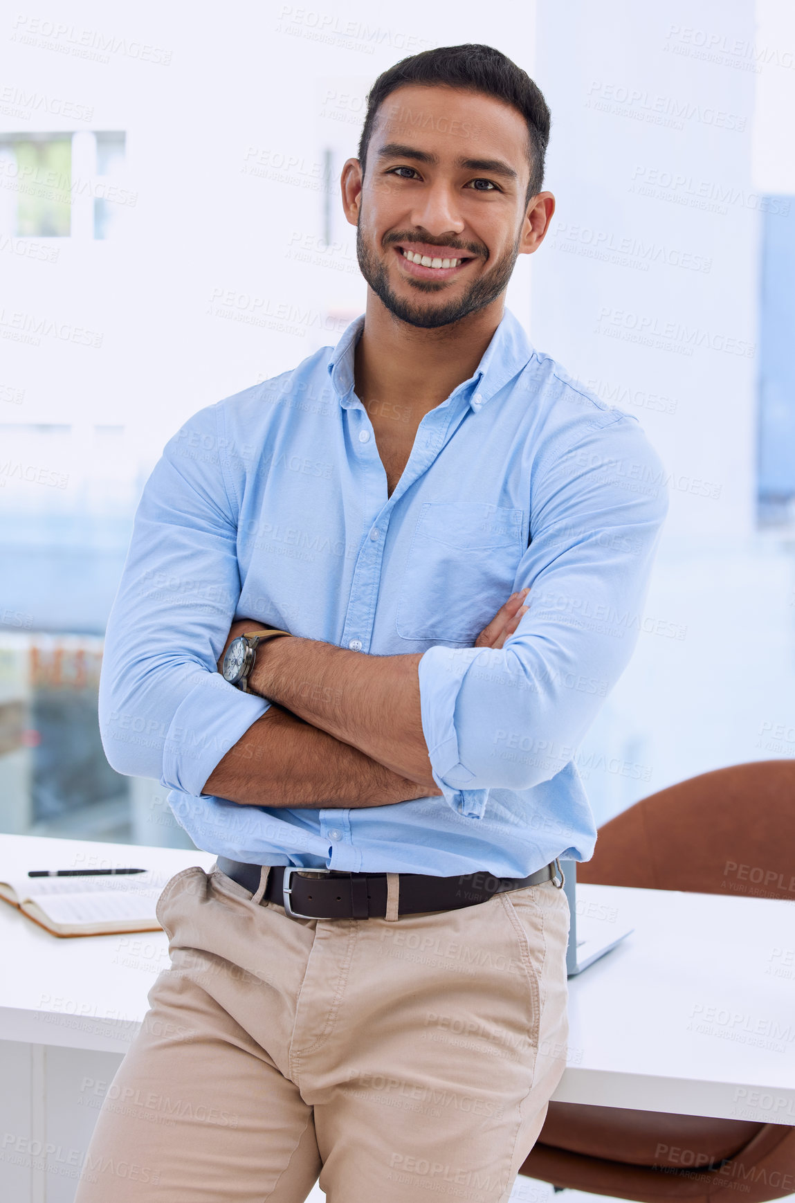 Buy stock photo Business man, arms crossed and confident in portrait, success and professional mindset in workplace. Happy male employee at office, career mission and corporate job with empowerment and positivity
