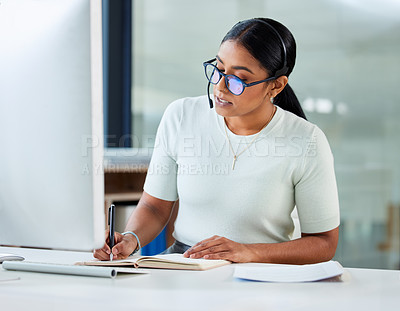 Buy stock photo Crm support, woman writing and call center staff in a office with telemarketing information. Worker, computer and document consultant of a phone agent learning about online company process at desk
