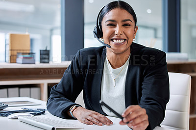 Buy stock photo Contact us, call center portrait and business woman with headset and phone consultation. Crm, telemarketing and web support employee with customer service worker and consultant work in agency office