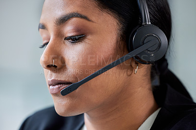 Buy stock photo Contact us, call center job and business woman with headset and phone consultation. Crm, telemarketing and web support employee with customer service worker and consultant work in a agency office