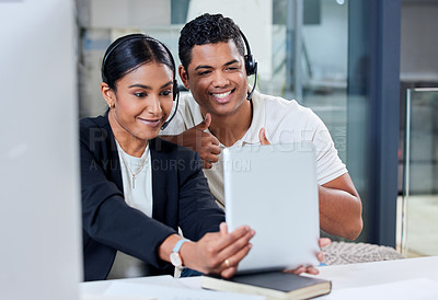 Buy stock photo Selfie, happy people or team in call center with tablet with smile on fun break together in telecom office. Woman, friends or customer service interns taking pictures for social media photo at job