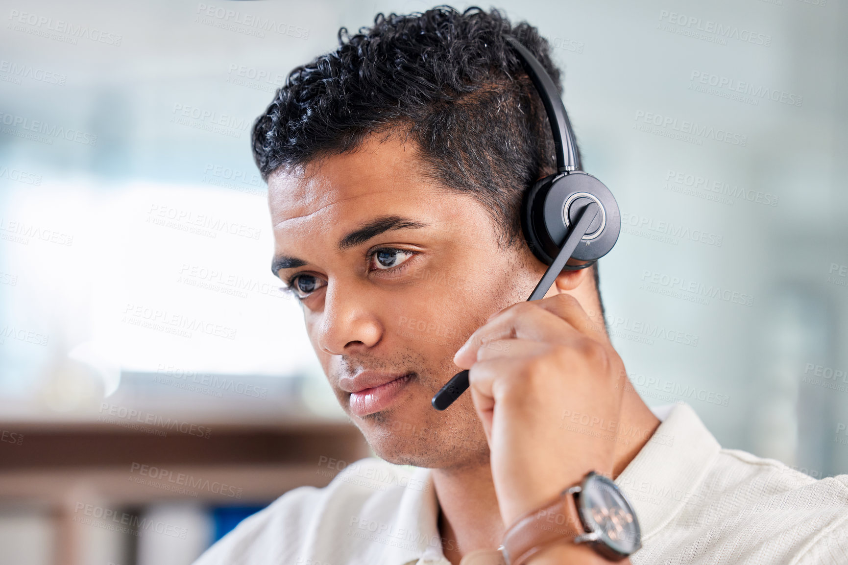 Buy stock photo Focus, serious and male call center consultant working on online consultation in the office. Confidence, contact us and man customer service or telemarketing agent with headset for crm communication.