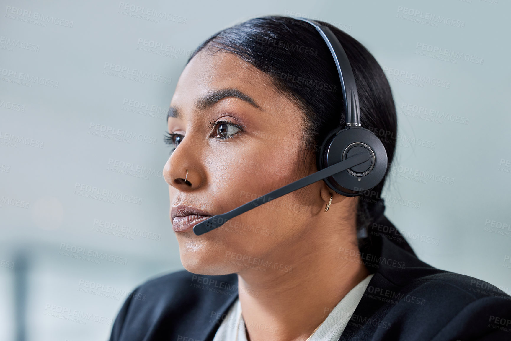 Buy stock photo Contact us, call center and business woman face with headset and phone consultation. Crm, telemarketing and web support employee with customer service worker and consultant work in a agency office