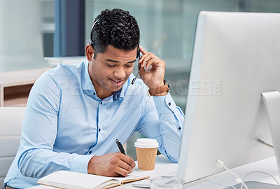 Buy stock photo Call center, man and communication with notes for customer service, tech support and CRM consulting. Male agent, consultant and writing in notebook for telemarketing, advisory help and telecom sales