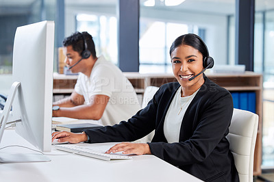Buy stock photo Call center, customer service and portrait of a woman consultant in the office for crm communication. Contact us, technology and female telemarketing agent working on online consultation with headset
