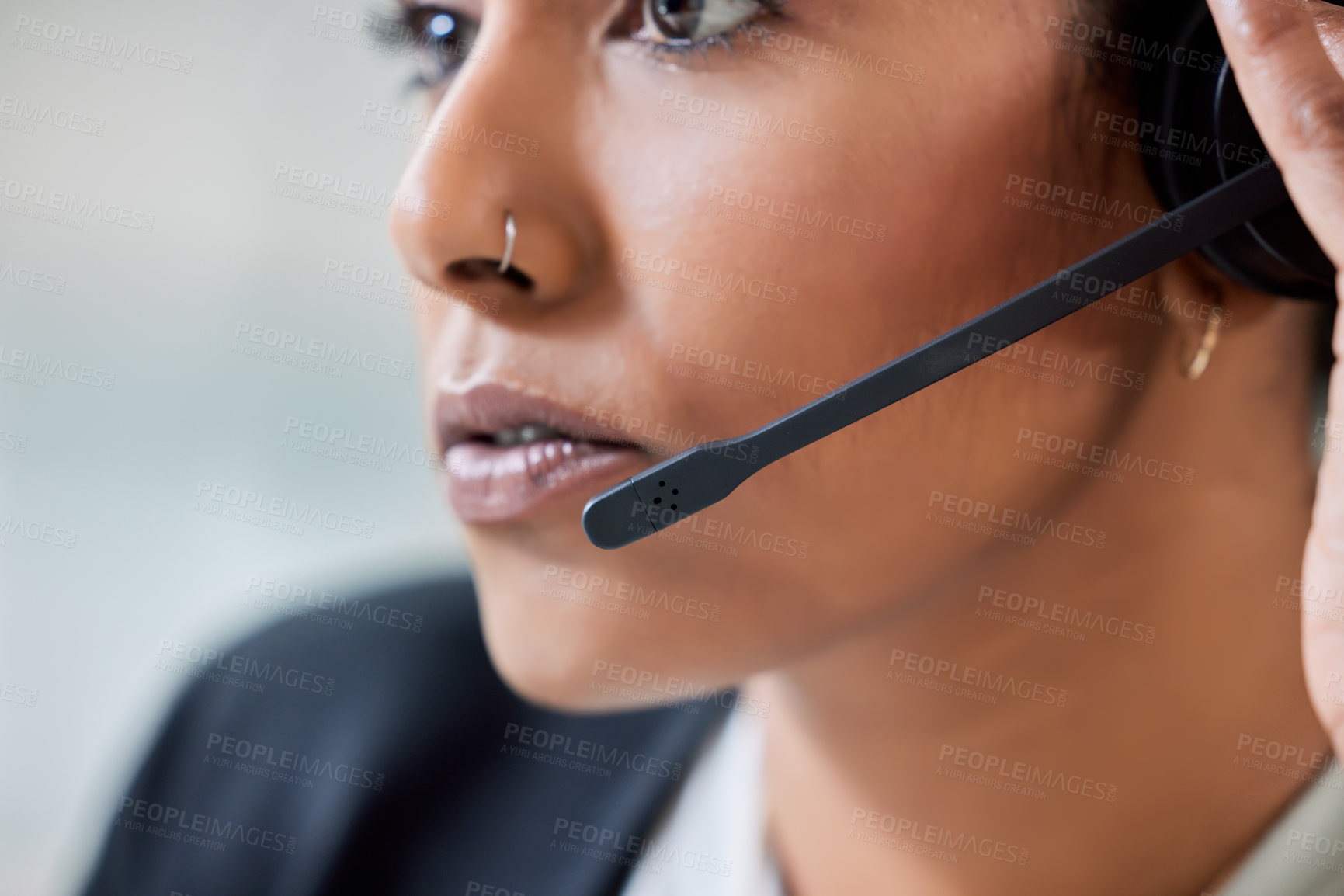 Buy stock photo Crm, call center and business woman face with headset and phone consultation. Contact us, telemarketing and web support employee with customer service worker and consultant work in a agency office