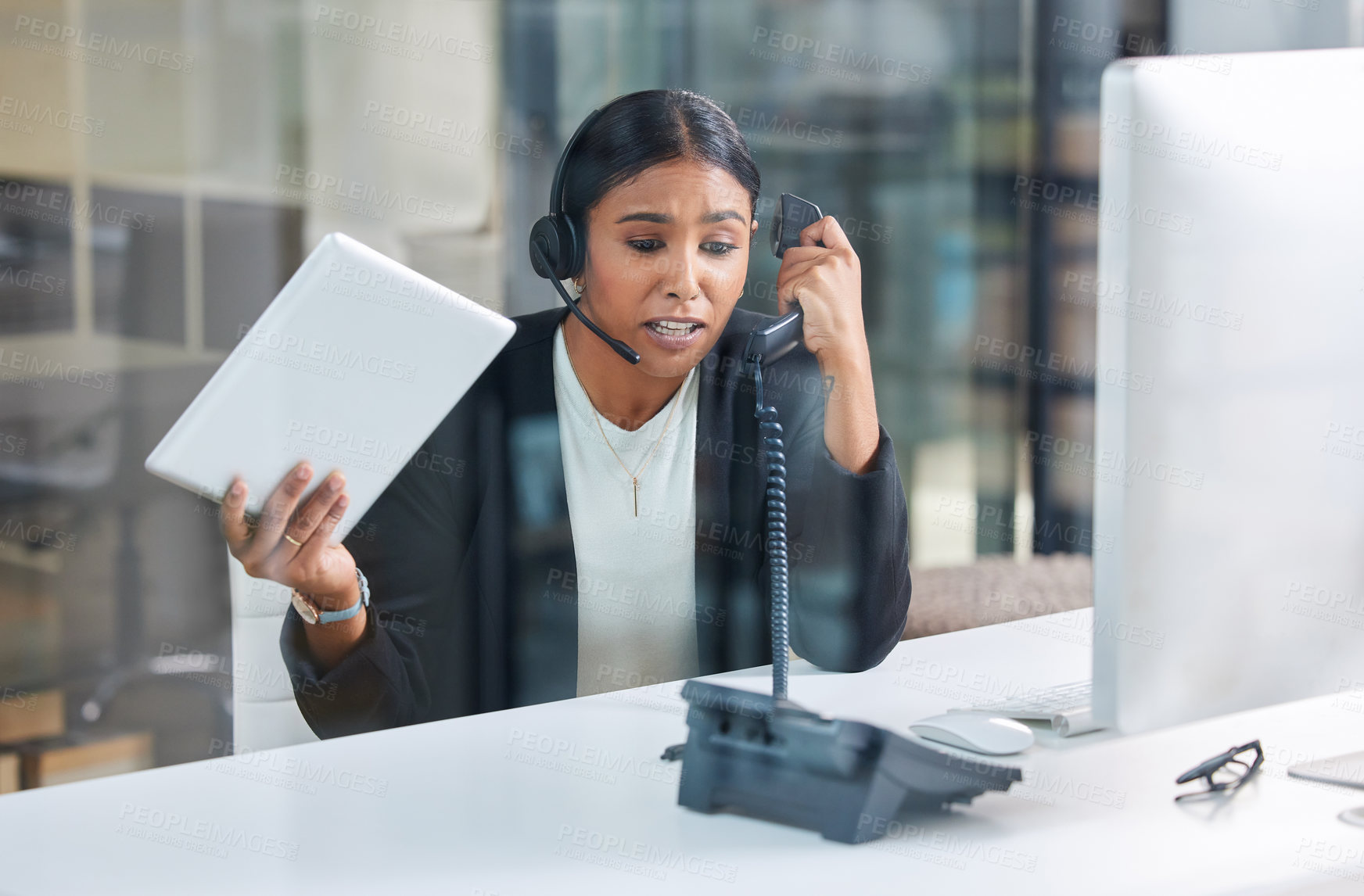 Buy stock photo Stress, telephone and phone call with business woman in office for negotiation, frustrated and deadline. Anxiety, mental health and angry with customer service agent for problem, pressure and crm