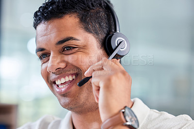 Buy stock photo Happy, smile and male customer service consultant working on an online consultation in the office. Confidence, contact us and man call center or telemarketing agent with headset for crm communication