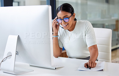 Buy stock photo Happy woman, headset or call center customer service consultant talking on online consultation in office. Girl virtual assistant, contact us or telemarketing agent with microphone for communication