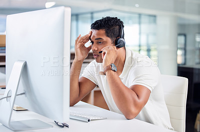 Buy stock photo Stress, mistake and call center agent working on a crm online consultation in the office. Contact us, fail and upset male customer service or telemarketing consultant with a headset and computer.