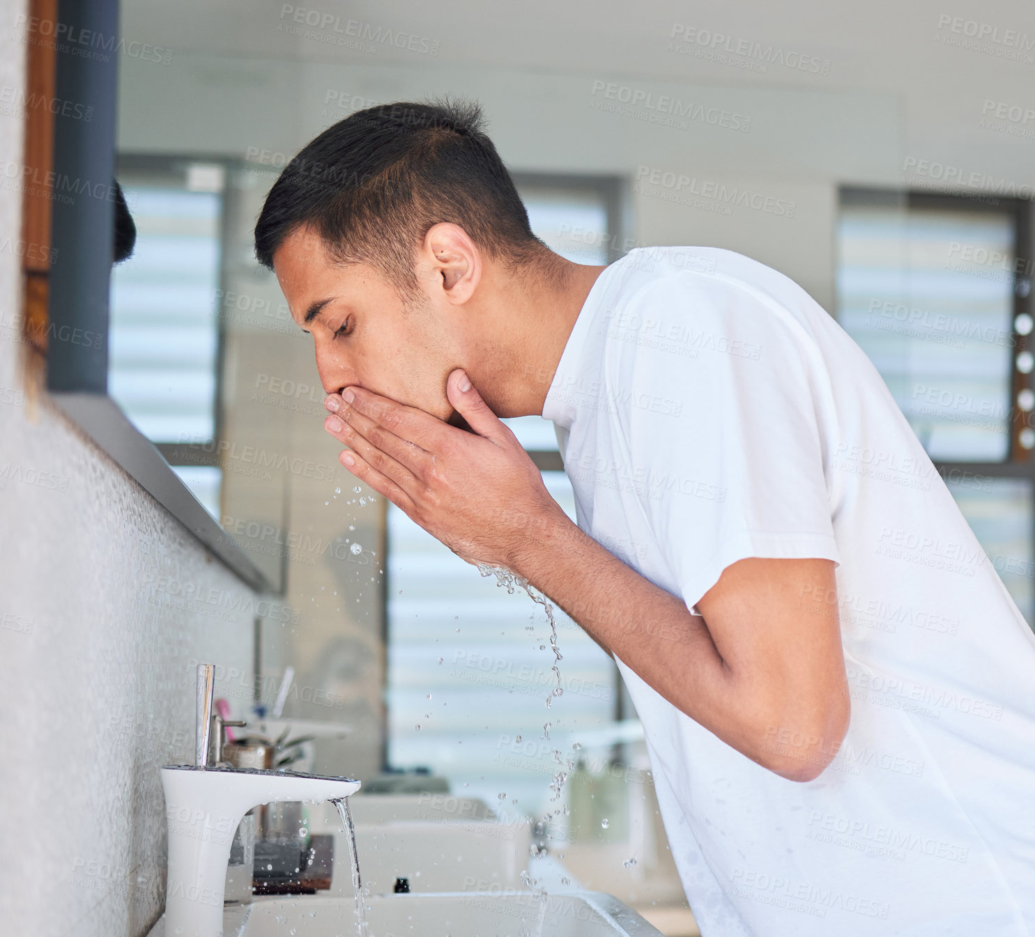 Buy stock photo Man washing face, hygiene and beauty in bathroom, skincare and cleaning skin with water for morning routine. Male person at home, grooming and natural cosmetic care with clean facial and hydration