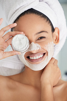 Buy stock photo Shower, happy woman and portrait with mask, jar and skincare product in bathroom for aesthetic cosmetics and. Cleaning, beauty and female person with container, face cream and towel for dermatology