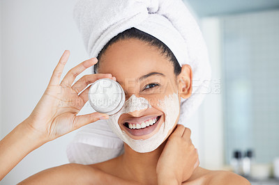 Buy stock photo Portrait, happy woman and towel with mask, jar and skincare product in bathroom for face, cosmetics and self care. Clean shower, beauty and female person with container, facial cream and dermatology