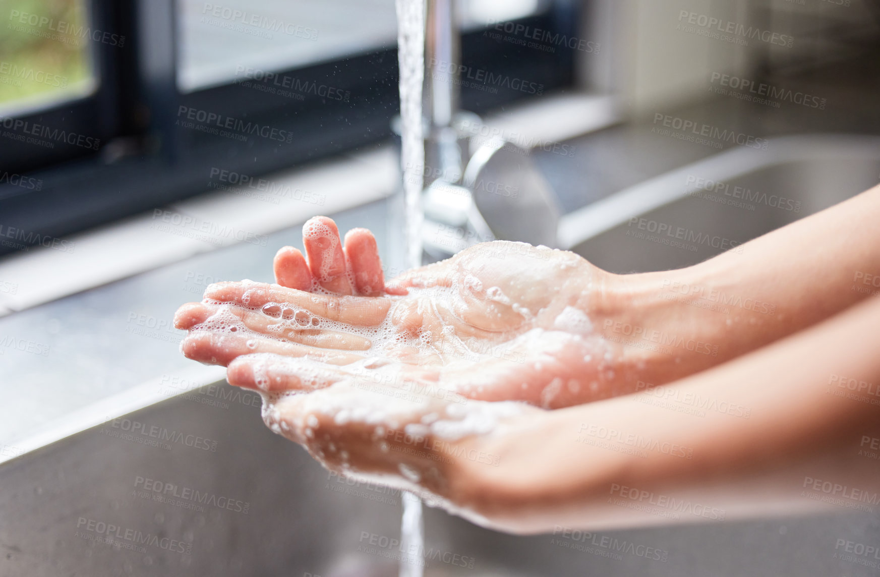 Buy stock photo Water, tap and person washing hands with soap for skincare, healthy dermatology and bacteria safety at home. Closeup, basin and cleaning hand with foam for hygiene routine, wellness and protection