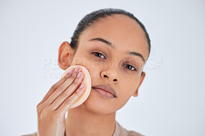 Buy stock photo Beauty, face and portrait of woman doing a scrub for skincare, self love and cosmetic care for natural skin. Wellness, cleaning and young female person clean or  grooming isolated in white background