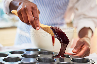 Buy stock photo Cupcake, chocolate and hands of a person baking in a kitchen and cooking dessert recipe in the morning. Restaurant, man and professional chef preparing to bake in a muffin or culinary tray at bakery