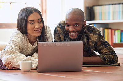 Buy stock photo Relax, laptop and watching movie with couple on floor for streaming service, subscription and social media. Internet, technology and film with black man and woman at home for happy, network and date