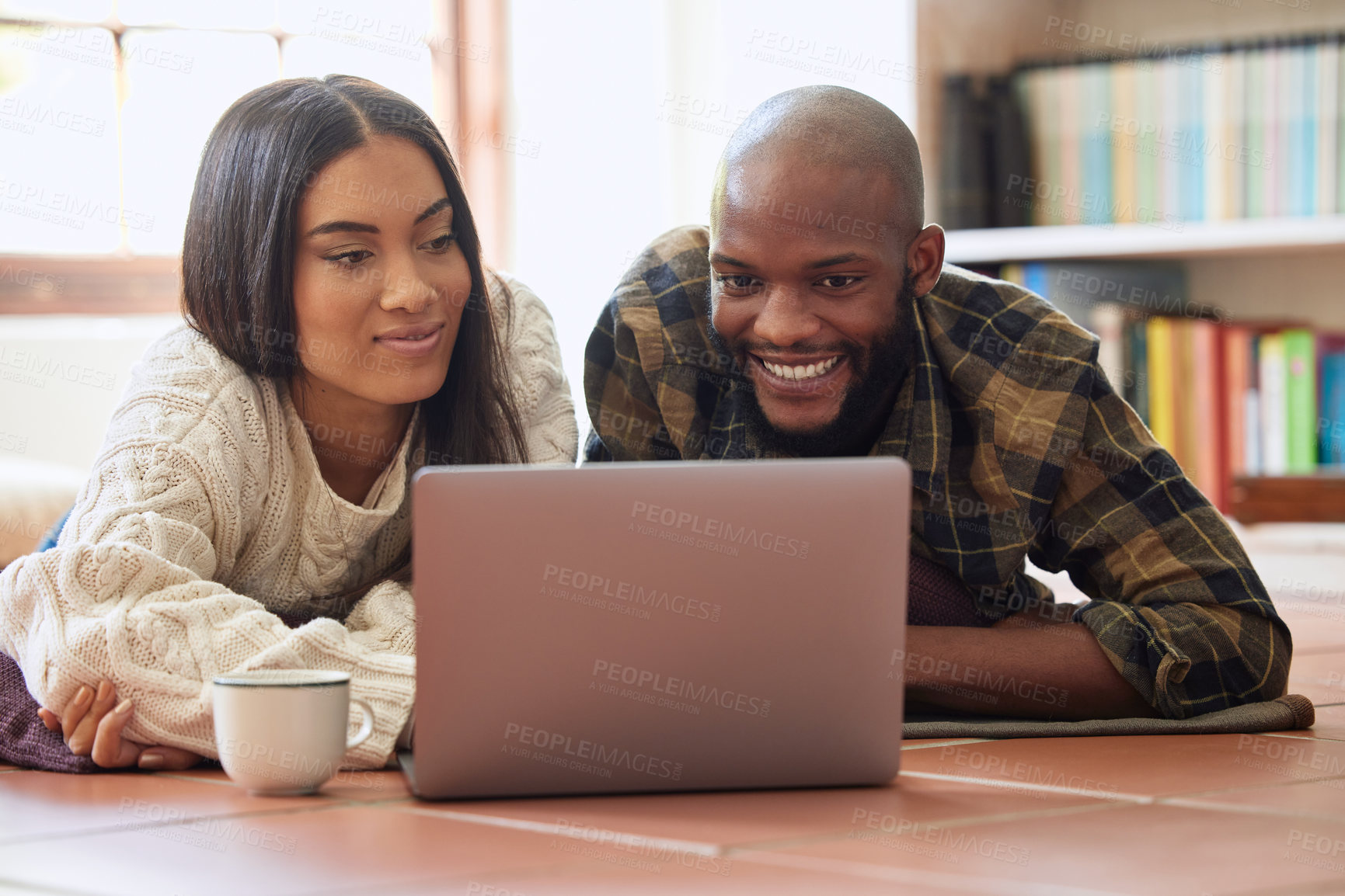 Buy stock photo Relax, laptop and watching movie with couple on floor for streaming service, subscription and social media. Internet, technology and film with black man and woman at home for happy, network and date