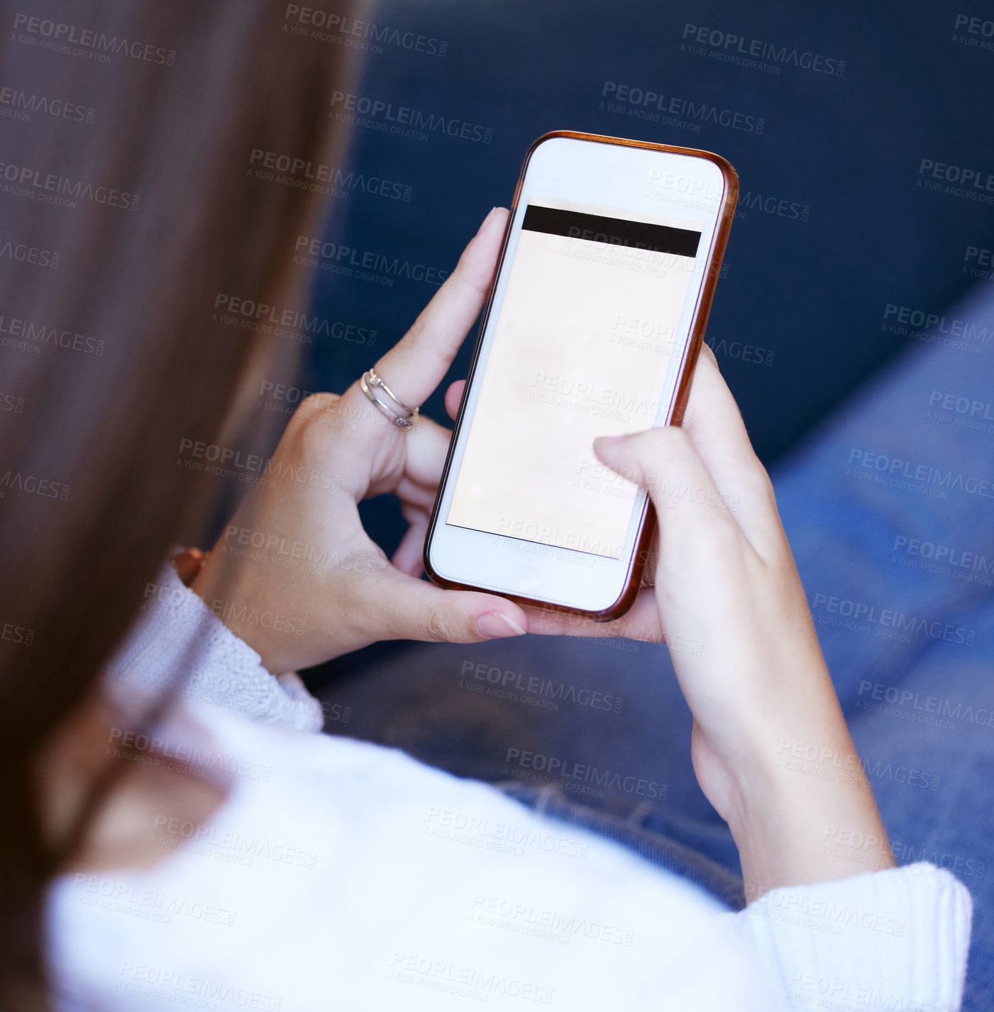 Buy stock photo Hands, woman and closeup of phone with mockup space for advertising, marketing or product placement. Technology, communication and female browsing or networking on cellphone with blank screen mock up