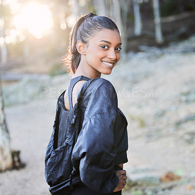 Buy stock photo Fitness, nature or portrait of happy girl running in training, exercise or workout for wellness. Runner, motivation or healthy sports woman on exercising break in forest, park or woods with smile 