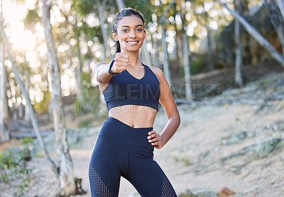 Buy stock photo Fitness, thumbs up or portrait of happy woman in nature training, running exercise or workout for wellness. Runner, motivation or healthy sports girl with thumb up in forest, park or woods with smile