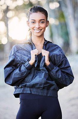 Buy stock photo Fitness, nature or portrait of happy woman running in training, exercise or workout for wellness. Runner, motivation or healthy sports girl on exercising break in forest, park or woods with smile 