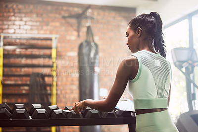 Buy stock photo Personal trainer, gym or woman checking dumbbells or writing weights info for inspection checklist. Fitness business, girl or entrepreneur with inventory documents for training equipment monitoring
