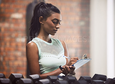 Buy stock photo Entrepreneur, clipboard and woman in a gym, inventory and exercise with inspection for hygiene, checklist or startup. Female person, employee or athlete with documents, planning or training equipment