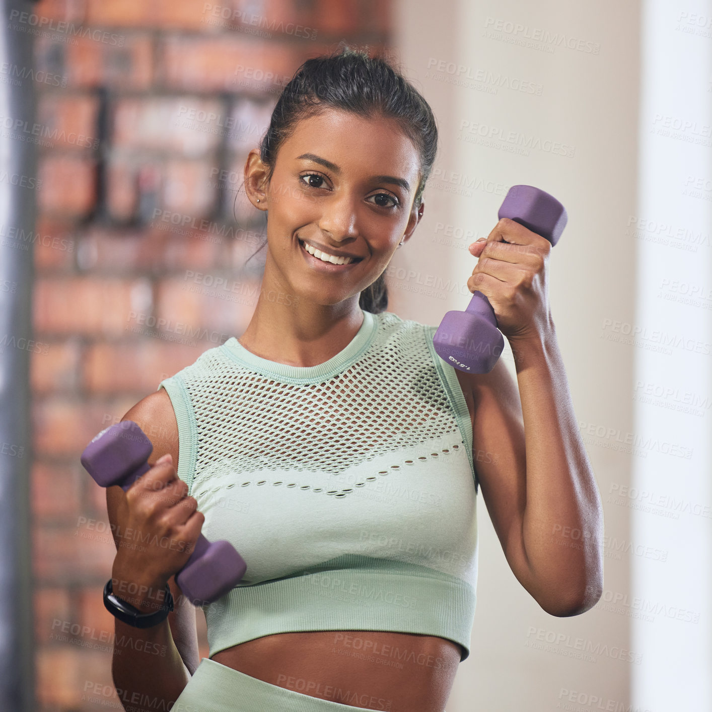 Buy stock photo Smile, gym and portrait of woman with dumbbell for fitness, workout goals and healthy mindset with energy. Sports, exercise and happy face of girl with weights for training and muscle building body.